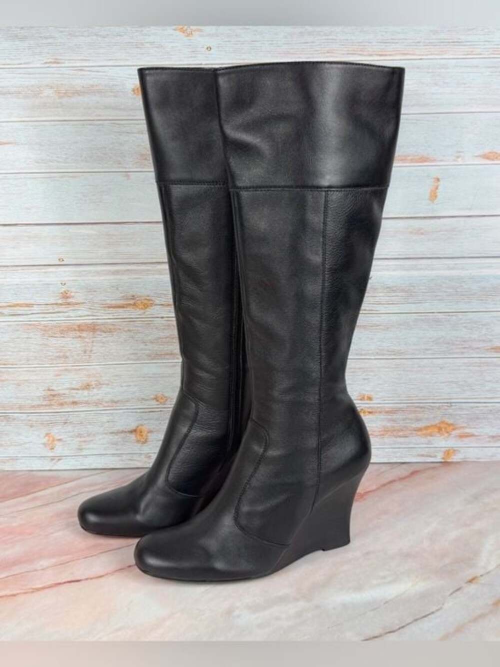 Classic Black Wedge Knee-High Boots - Sleek Women’s Heeled Boots